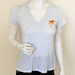 Sundry Sky Blue Short Sleeve V-neck T-Shirt w Orange & Yellow Hombre Palm Tree
